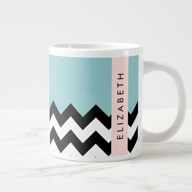 Caneca De Café Grande Zigzag preto-e-branco, Chevron, azul, seu nome (Direita)