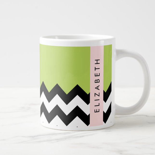 Caneca De Café Grande Zigzag preto-e-branco, Chevron, verde, seu nome (Direita)