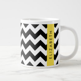 Caneca De Café Grande Zigzag preto-e-branco, padrão Chevron, seu nome