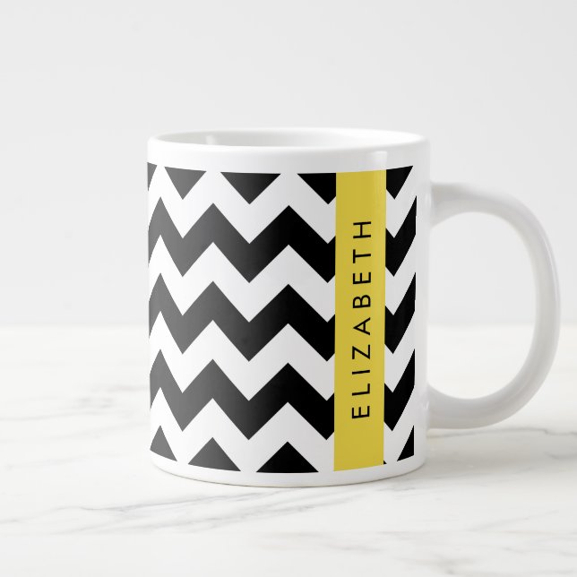 Caneca De Café Grande Zigzag preto-e-branco, padrão Chevron, seu nome (Direita)