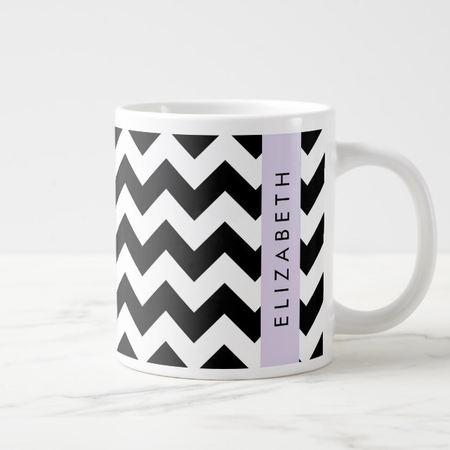 Caneca De Café Grande Zigzag preto-e-branco, padrão Chevron, seu nome (Direita)
