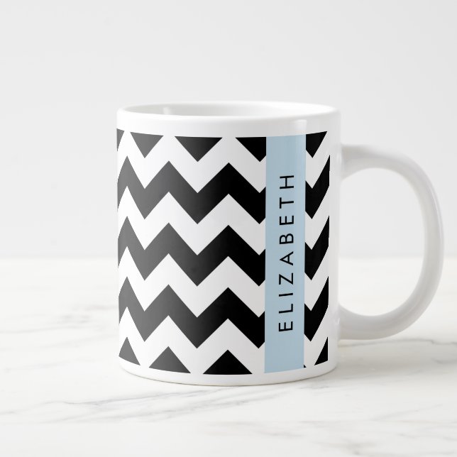Caneca De Café Grande Zigzag preto-e-branco, padrão Chevron, seu nome (Direita)