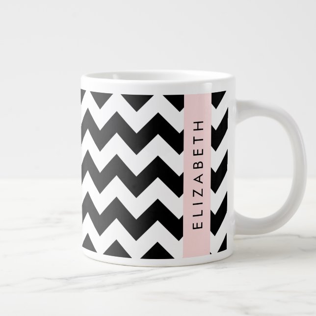 Caneca De Café Grande Zigzag preto-e-branco, padrão Chevron, seu nome (Direita)
