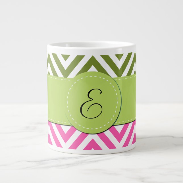 Caneca De Café Grande Zigzag Rosa, Zigzag Verde, Chevron, Monograma (Frente)