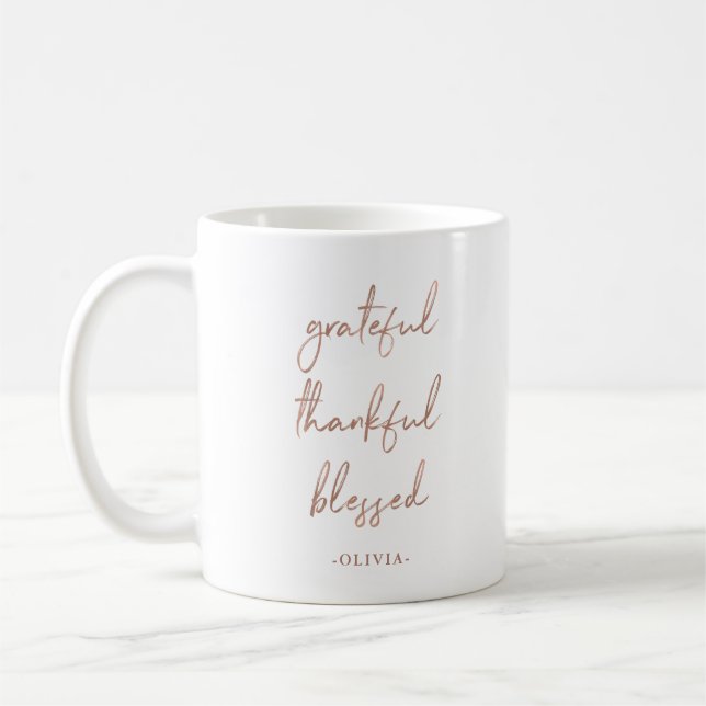 Caneca De Café Grata Graças Abençoado | Faux Rosa Dourado Script (Esquerda)