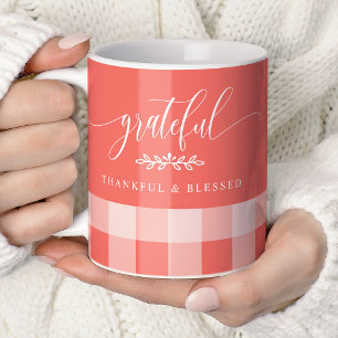 Caneca De Café Grateful Thankful Blessed Coral & Branco Xadrez