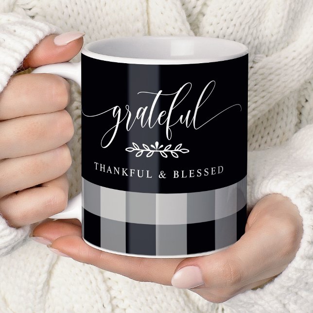 Caneca De Café Grateful Thankful Blessed Xadrez Preto e Branco (Criador carregado)