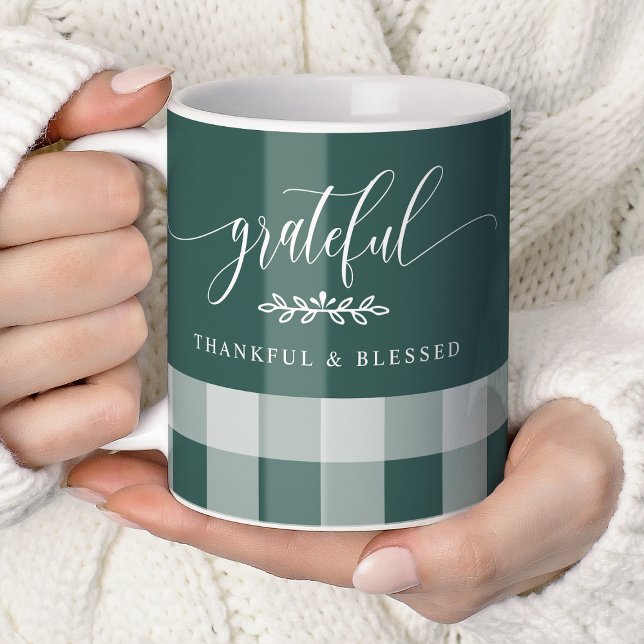 Caneca De Café Grateful Thankful Blessed Xadrez Verde e Branco (Criador carregado)