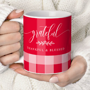Caneca De Café Grateful Thankful Blessed Xadrez Vermelho e Branco