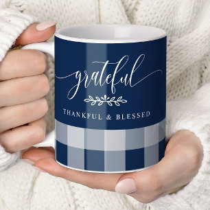 Caneca De Café Gratidão Agradecida Bênção Xadrez Azul Marinho e B