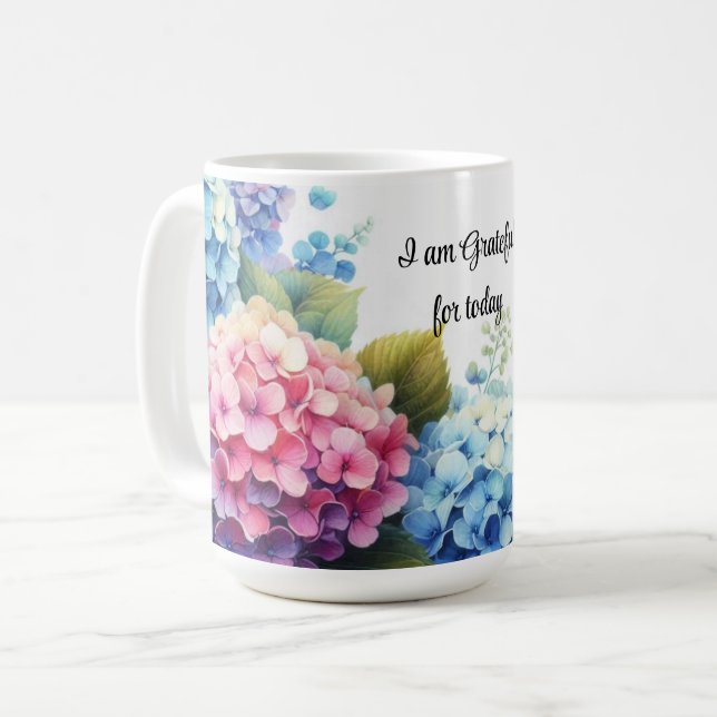 Caneca De Café Gratidão Watercolor Hydrangeas Coffee Mug (Frente Esquerda)