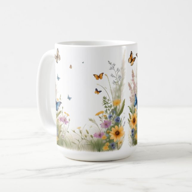 Caneca De Café Graus E Borboletas De Flores Selvagens Por Aquarel (Frente Esquerda)
