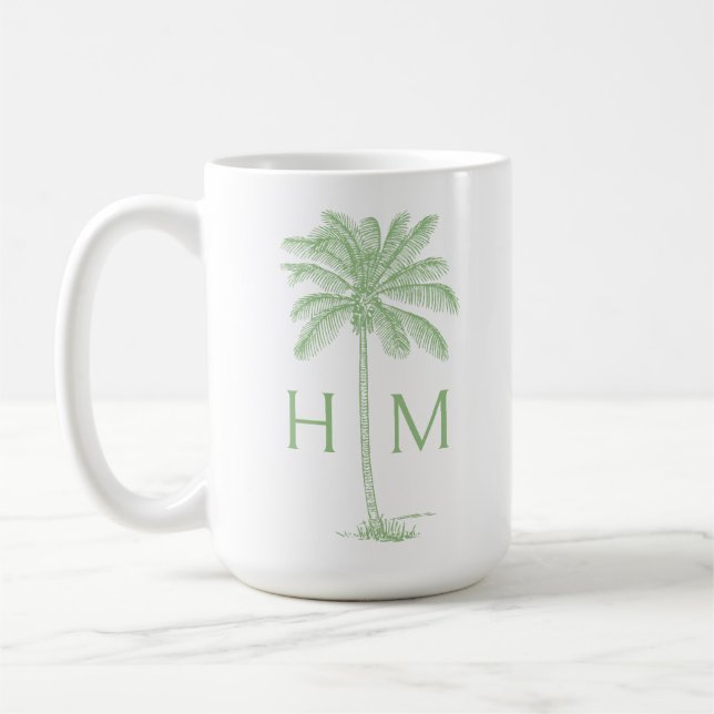 Caneca De Café Green and White Palm Palmetto Tree Monogram (Esquerda)