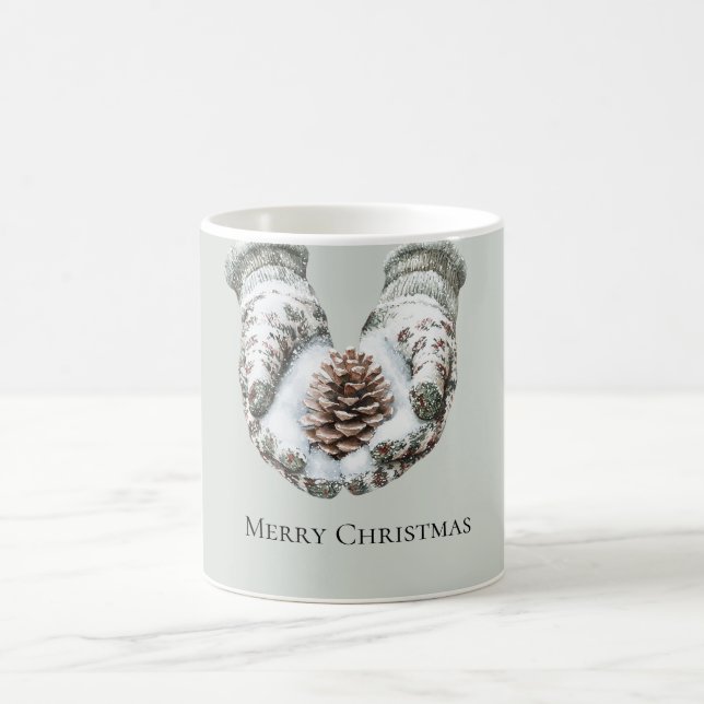Caneca De Café Green Gloves Snow Christmas Pine Cones (Centro)