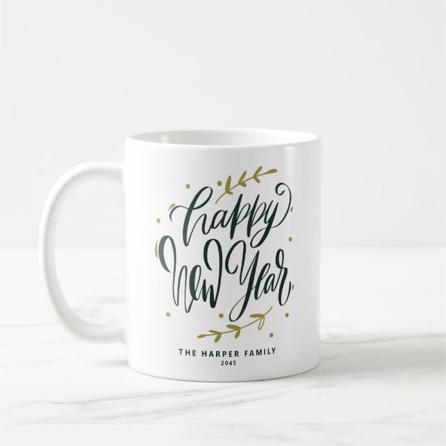 Caneca De Café Green Happy New Year Modern Calligraphy Wreath (Esquerda)