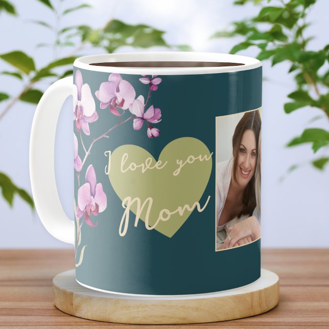 Caneca De Café Green I Love You Mom Floral Mother's Day Photo (Criador carregado)