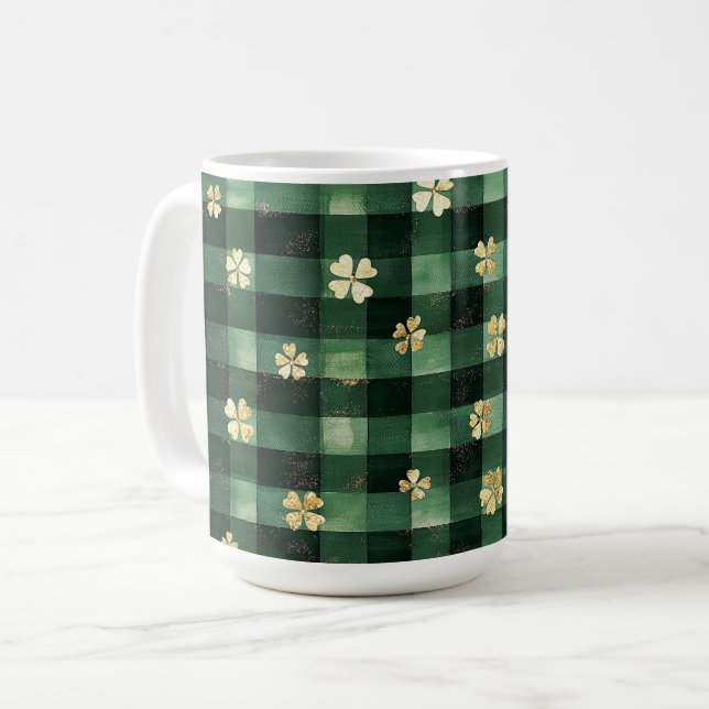 Caneca De Café Green Plaid Gold Shamrocks St. Patrick's Day   (Frente Esquerda)