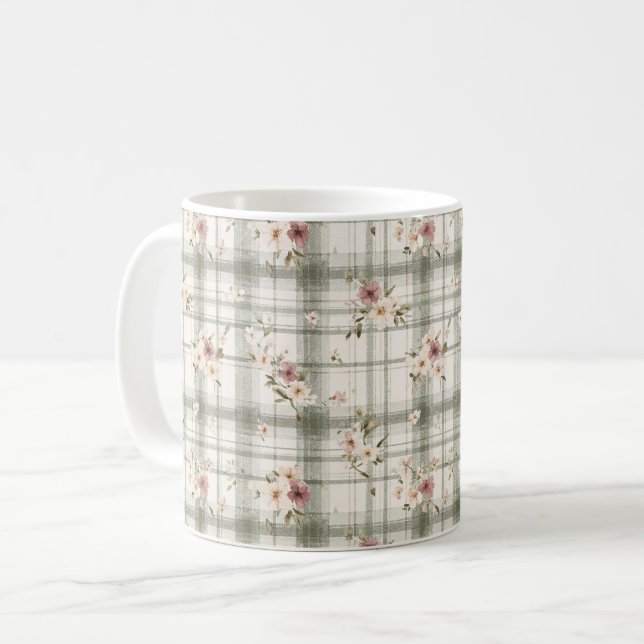 Caneca De Café Green Plaid Stripes Burgundy Cream Flowers (Frente Esquerda)