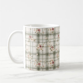 Caneca De Café Green Plaid Stripes Burgundy Cream Flowers