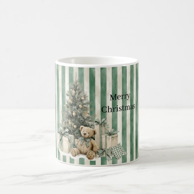 Caneca De Café Green Stripes Christmas Tree Teddy Bear Gifts (Centro)