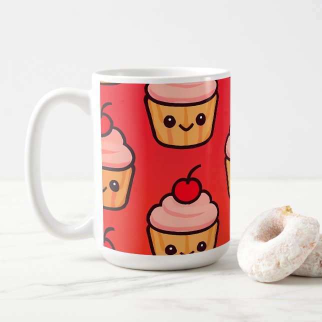 Caneca De Café Grelha de Cupcakes Kawaii com Rostos Sorridentes e (Com Donut)
