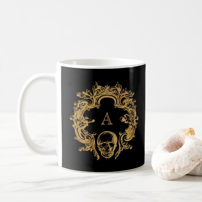 Caneca De Café Grelha Gótica | Mug | Monograma | Preto (Com Donut)