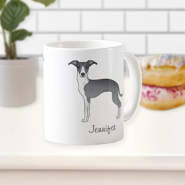 Caneca De Café Greyhound Italiano Azul E Branco Com Nome Personal (Criador carregado)