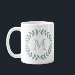 Caneca De Café Grinalda Botânica Verde Sálvia Empoeirada Monogram<br><div class="desc">Adicione um toque personalizado e elegante a qualquer bebida com esta caneca de café verde menta e branca. O design apresenta folhas modernas de louro e tipografia estilosa inicial. O monograma no centro é simples de personalizar e pode ser diferente na frente e no verso. É uma ideia de presente...</div>