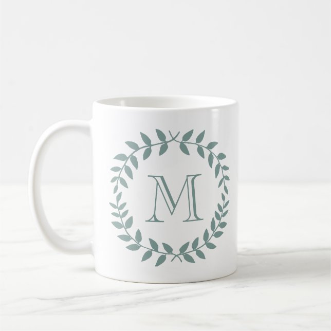 Caneca De Café Grinalda Botânica Verde Sálvia Empoeirada Monogram (Esquerda)