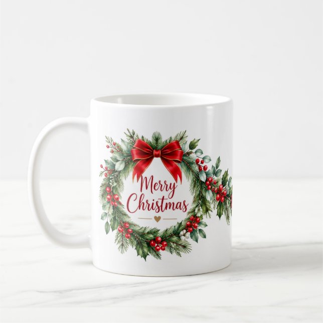 Caneca De Café Grinalda de Natal com Laço Vermelho Café Clássico (Esquerda)
