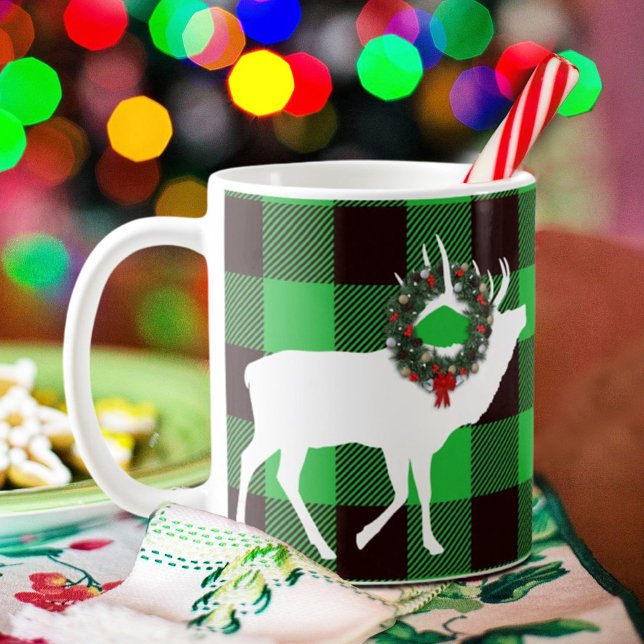 Caneca De Café Grinalda de Natal de Alce Xadrez Búfalo Verde (Criador carregado)
