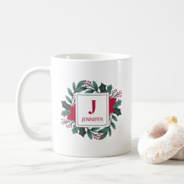 Caneca De Café Grinalda de Natal Monograma Inicial Vermelho Elega