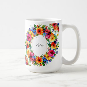 Caneca De Café Grinalda Floral de Casamento Colorida