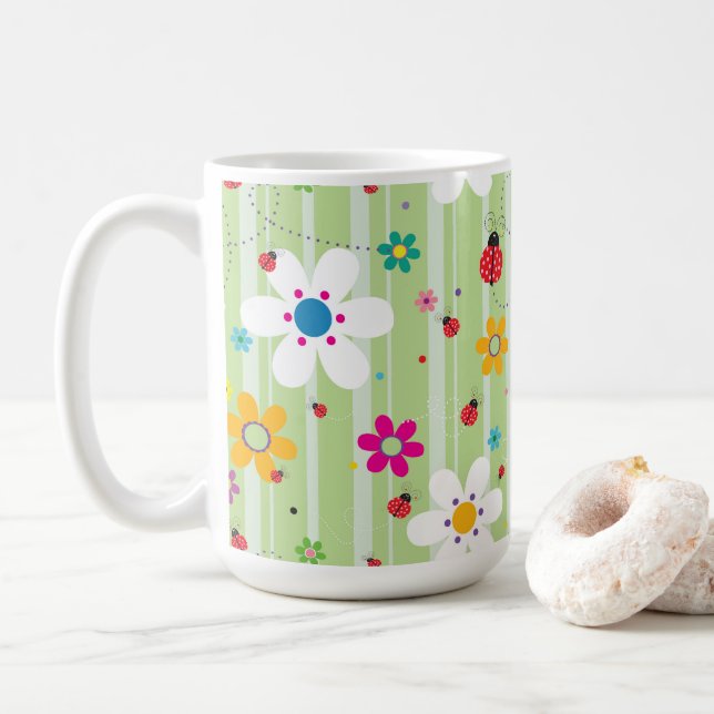 Caneca De Café Groovy 70s Retro Hippie Flower Power Ladybug (Com Donut)