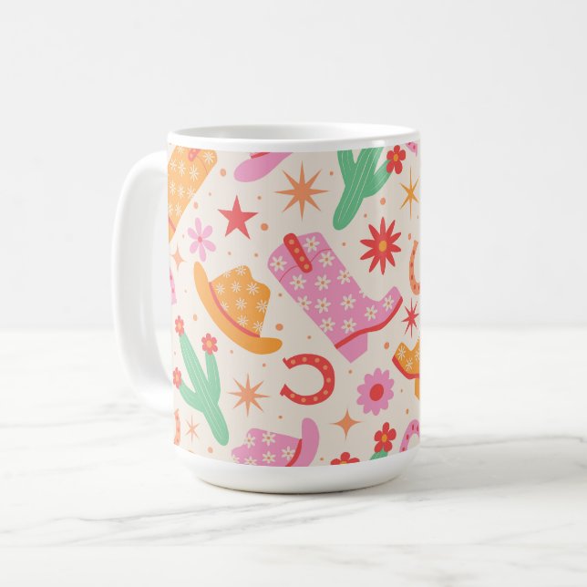 Caneca De Café Groovy Cowgirl Boots and Hats Patterno with Cactus (Frente Esquerda)
