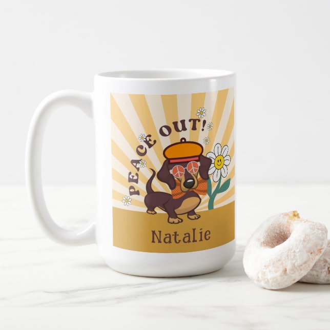 Caneca De Café Groovy Dachshund | Paz Fora (Com Donut)