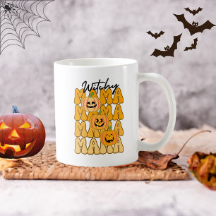 Caneca De Café Groovy Halloween Mãe Bruxa Divertida Cores de Outo