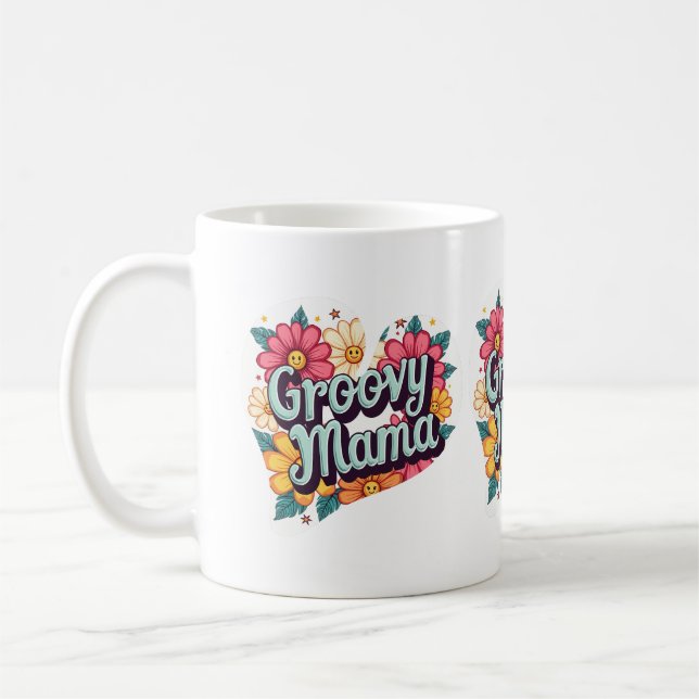 Caneca De Café Groovy Mama Retro Floral 70s Design estético (Esquerda)