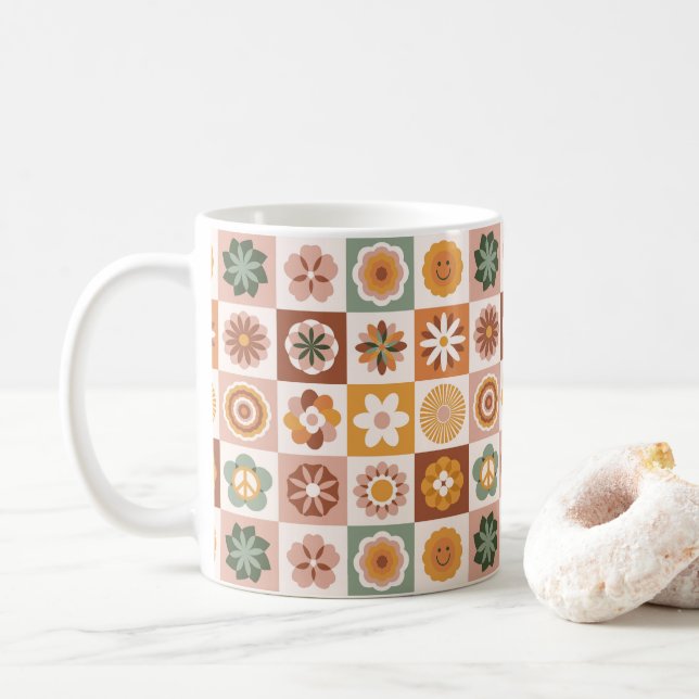 Caneca De Café Groovy Retro Floral Checked (Com Donut)