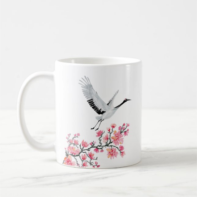 Caneca De Café Grua japonesa personalizada e flor de cereja (Esquerda)