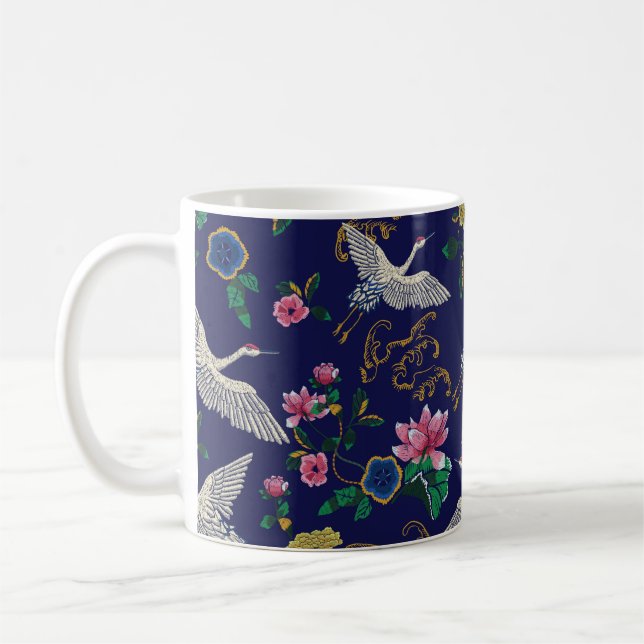 Caneca De Café Gruas, ondas e flores japonesas. Embroiderme doent (Esquerda)