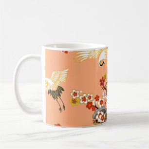 Caneca De Café Gruas, sakura, coloridas, florais, cantaloupe.
