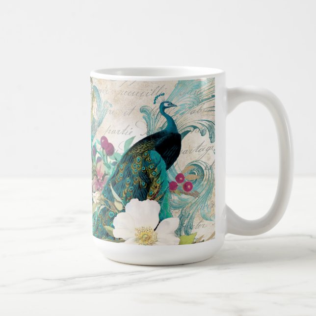 Caneca De Café Grunge de Pavão e Flores Ilustrado Antiquado (Direita)