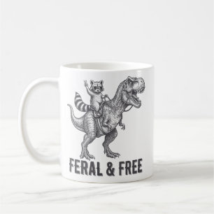 Caneca De Café Guaxinim Feral e Livre Montando um T-Rex Engraçado