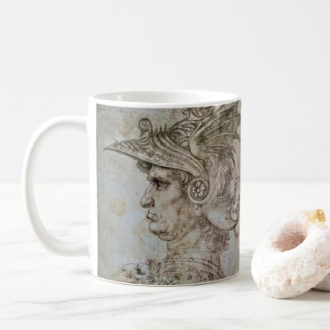 Caneca De Café Guerreiro Encapuzado de Leonardo  (Da Vinci’s Ancient Warrior Sketch mug available in 11 oz & 15 oz. Microwave and dishwasher safe. )