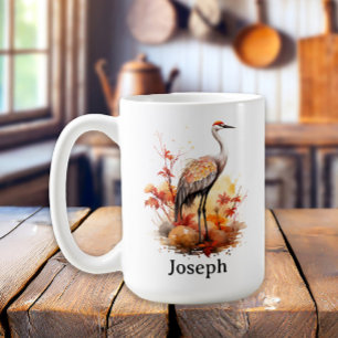 Caneca De Café Guindaste Pássaro Outono Vida Selvagem Aquarela 