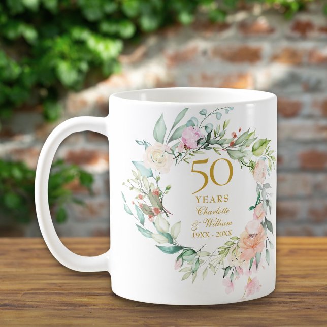Caneca De Café Guirlanda de Aquarela de Rosa de Aniversário de 50 (50th Anniversary Wedding Rose Watercolour Garland Coffee Mug)