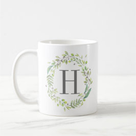 Caneca De Café Guirlanda de verde com aquarela e monograma