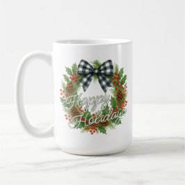 Caneca De Café Guirlanda Rústica de Azevinho com Laço Xadrez Pret