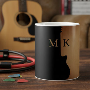 Caneca De Café Guitar Silhueta Madeira Bege Nome Monograma